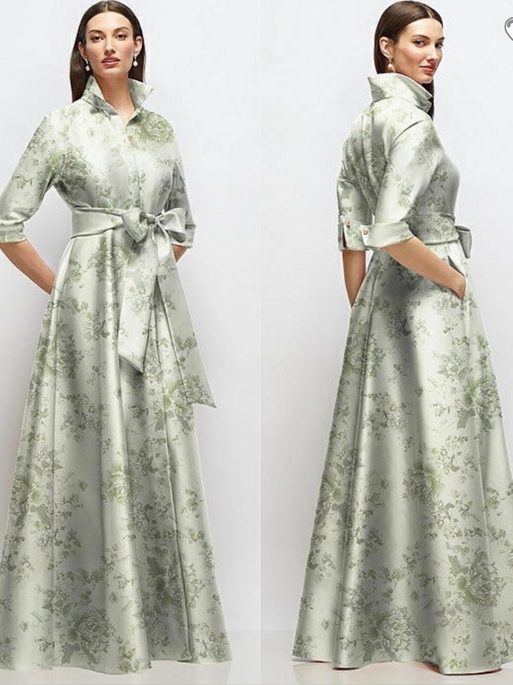 After Six NWT Sabine Floral Satin Shirt Dress Gown Sage Cottage Rose Size LA, 12